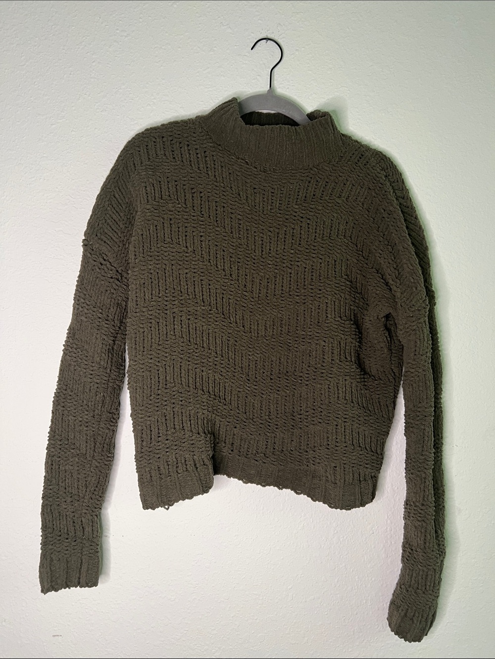Textured Olive Green Cowl-Neck Sweater for Women
